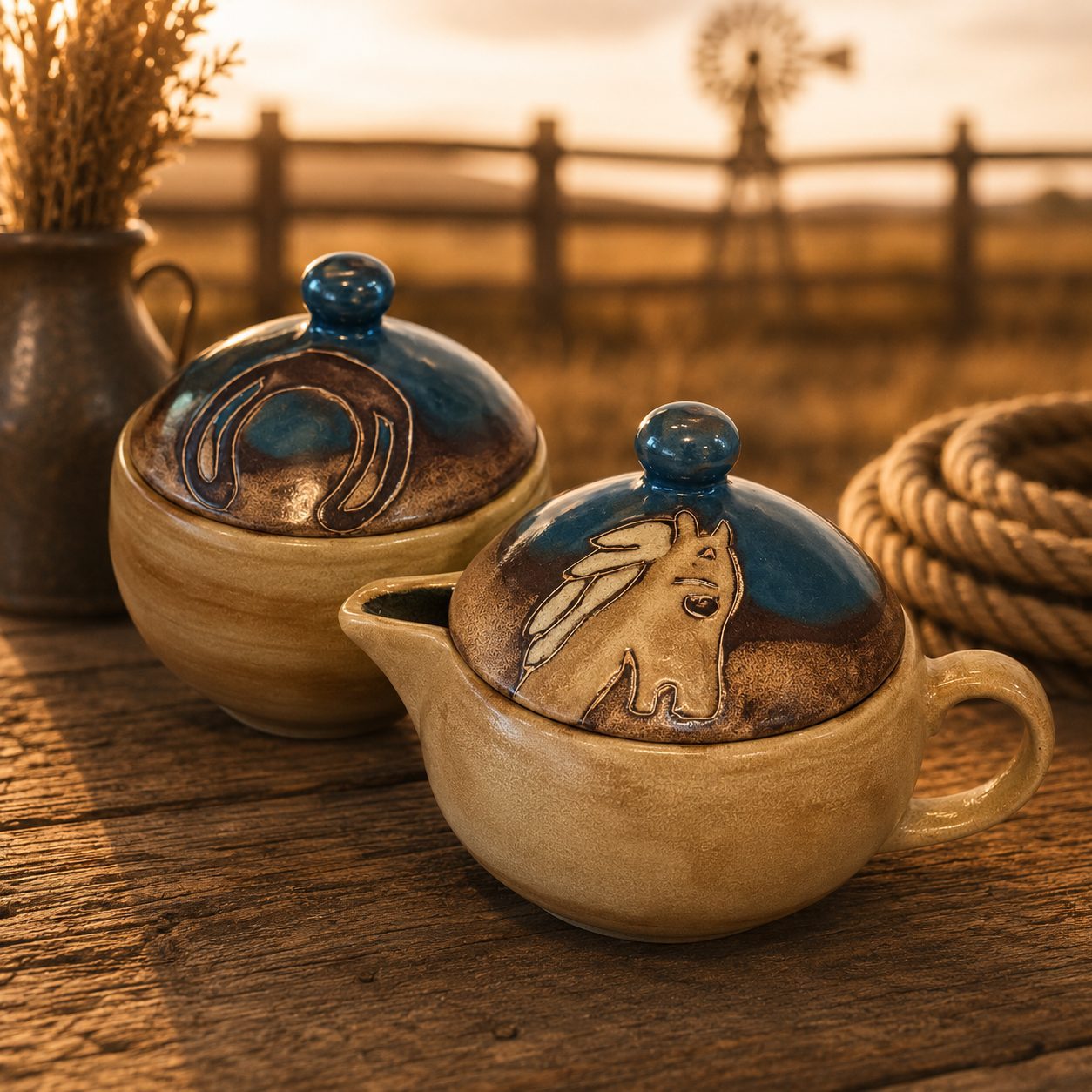 Sugar Creamer Set - Ranch & Co Interiors Two ceramic lidded pots with blue lids and a horse and hoof motif sit on a rustic wooden table, with a windmill and fence in a warm countryside background.